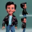 Placeholder: wide view young Plastic Fonzie with black hair greaser toy Action figure doll 1975 (thumbs-up) (face) Forehead grin, fonzarelli, jukebox background, eyes