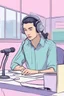 Placeholder: A simultaneous interpreter is sitting at a table with headphones with a microphone at a foreign briefing, the background is blurred, everything is in pastel colors,