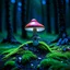 Placeholder: "Close up of a wonderful tiny Mushroom Tower home. indigo and red with bright white, deep black and contrasting tones of gray. Illuminated bioluminescent forest. Professional painter, master at composition. small but detailed. broken, blurred background, voluminous lighting"