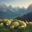 Placeholder: Landscape Ikoria Mountains with a flock of sheep in the middle of the frame