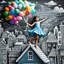 Placeholder: A girl in a blue dress standing tippy toe on the roof of building in chalk-drawn cityscape on a black board, holding a bunch of colorful primary colored balloons.She is standing on the roof of one of the houses, She appears carefree, soaring amidst the whimsical, artistic backdrop of houses.