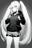 Placeholder: blonde girl with ponytails dressed in a jacket and shorts makes its way in the dark, greyscale