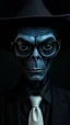 Placeholder: A man in black with a black cowboy hat and dark eyeglasses a body shot of a super blue skin alien, full head, old, looking at the camera, super big head, super big black eyes, small mouth, no ears, total black skin. photo real, hyperrealistic, high dynamic range, rich colors, lifelike texturesv, 8K UHD, high color depth. neutral dark background.warring a white tie