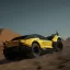 Placeholder: 3d rendering. futuristic black yellow car. Buried in desert sand. Lost in Time, cinematic lighting