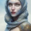 Placeholder: clouds of fog as woman's face, dissolving, disintegrating, wearing blue hijab, fine detail, highly intricate, wearing blue hijab, modern surrealism painting, high-quality, volumetric lighting, 8k, ultrahd, George Grie, Marco Escobedo, Igor Morski,Brian Froud, Howard Lyon, Selina French,