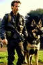 Placeholder: John Connor from the movie Terminator with a German Shepherd on a leash.