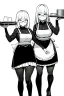 Placeholder: waitress carries tray with glasses in a cafe bar, line arts, greyscale