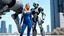 Placeholder: A full-body photograph of a young, slender woman with blond shoulder-length hair in a sleek blue jumpsuit, with an android in a huge metal exosuit with a helmet standing guard beside her, standing in a futuristic cityscape with advanced spacecraft behind them.