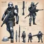 Placeholder: ConceptSheet blueprint [illustration for Osprey Publishing’s by Angus McBride] Bounty Unit Loadout Concept: helmet, armour, and weapons with their blueprint: assault rifle, sniper long rifle, pistol, and all the package of a hunter