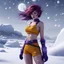 Placeholder: The icy winds of Callisto whipped through the barren landscape, swirling snowflakes dancing in the air like frozen memories. Faye Valentine stood amidst the frozen tundra, her signature yellow crop top and deep purple shorts contrasting vividly against the stark white backdrop. Her sleek, auburn hair cascaded down her back, a fiery mane in the midst of an icy expanse. With a cigarette dangling lazily from her lips, Faye's sharp gaze scanned the horizon, her violet eyes reflecting the cold beauty