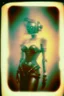 Placeholder: steampunk, vintage analog polaroid of a woman robot, female body, fog, lomography, heavy film grain, night, color bleed, depth of field, bokeh, retro