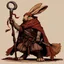 Placeholder: harengon-desert rabbit humanoid,rugged desert artificer-rune carver, eyepatch-bandage, staff with metal end, red-brown cloak, thematic tone wash, characteristic comic style