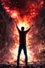 Placeholder: Young man standing, with arms raised, in front of an exploding building at night, with red auras around him