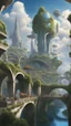 Placeholder: A futuristic alien city, with balconies, verandas, many arches, bridges, spires, paths, trees, dense foliage, Spanish moss, ivy, river, blue sky, white clouds.industry revolution new age, new-age theme, hyper realistic city with galaxy sky .beautiful Goddess of Healing and Well-being