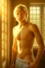 Placeholder: A hyper-realistic portrait of an athletic teen boy with honey brown eyes, thick golden blond hair, cute, innocent and content, looking out a window, a hint of facial hair, shirtless, slim and lean body, slightly tanned, inside an empty room with warm sunlight streaming in, detailed, high definition, 4K, 8K, quality render, photo realistic