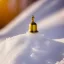 Placeholder: long shot of exquisite tiny gold bell buried in snow, warm colors, soft lighting, snowdrift, long shot, soft focus, extreme wide shot, aerial shot