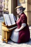 Placeholder: One single mature cat lady playing piano on the street, Vienna, fiacre, friendly, model style, hyper realistic, extremely accurate, delicate, extremely detailed, Graphic novel style, wide-angle, open aperture, superfine pencil