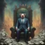 Placeholder: rich pig in suit on a throne making stacks of money by making a deal with a buisnessman. background of musicians. Payday payday. beksinski style.