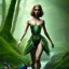 Placeholder: yohan diniz, fast walker, as a young cute feminine woman, short hair, green forest background, stream, mega flowers, tiny birds of many colors,peacock