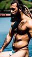 Placeholder: photography of a burly marocan fisherman sunbathing on a fisher wooden boat, in little french briefs, tattoo, manly chest, ugly, 34 years old, bullneck, white long beard, dreadlocks, muscular chubby, angry eyes, photorealistic, Canon EOS, 8k