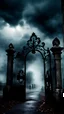 Placeholder: Scary haunted cemetery gates, black clouds, scary fog, horror film style