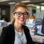 Placeholder: dakota skye, delicate smile, showing no teeth, whole posture, white tanktop, black jacket, sitting in the office, busy, many documents in front of her, nerdy glasses on