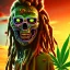 Placeholder: Corps entier Zombie rastafary iron maiden feuille cannabis, yeux rouges, bandeau couleur rasta,4k, couleur chaudes, plage et explosion nucléaire en fond image