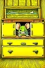 Placeholder: zoomed out view of a friendly little mouse behind drawers, bedroom, surreal, comic style