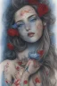 Placeholder: blue Pencil drawing of a woman with red lips and flower in hair on watercolor paper