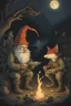 Placeholder: a gnome and a goblin eating in front of a fish fire, figure with fox mask behind in the environment, riverbank, night, moonlight,