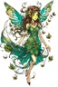 Placeholder: Forest fairy with iridesand teal wings and a cute short leaf dress and pointed ears and multiple vine earings and ear cuffs flying through a mythical forestand brown wavy hair trailing her