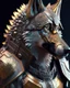 Placeholder: Full body 3D Portrait of a anthropomorpher Wolf in natural colours wearing futuristic face armor in realistic fantasy