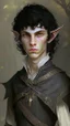 Placeholder: a teen elf. he has curly, black hair and sharp cheekbones. His eyes are black. He wears fantasy medieval clothes. he is lean and tall, with pale skin. with all full body