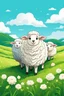 Placeholder: create an image with 4 cute sheep with the typography, happy face "sheep of faith", 2d, cartoon style, chibbi, kawai, a green field and blue sky in the background