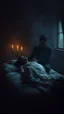 Placeholder: Remy Cogghe painting style, a trajectory a man holding his woman she is dying , she is laying down on bed in a foggy smoky background, in dark room with a dim candles light and a open window outside light , 4k, high quality photography