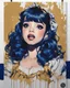 Placeholder: Poster in two gradually, a Singer Melanie Martinez face, painting by Yoji Shinkawa, darkblue and gold tones,