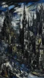 Placeholder: A dark bluish black punklike city in a nightmare realm painted by Jackson Pollock