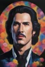 Placeholder: Count Dracula's face inside a small gold circle, Paul Stanley/Elvis Presley/Keanu Reeves, multicolored, large, Floral/rainbow designs, atmospheric, beautiful, bright, vibrant colors, pitch-black background, oil painting by Boris Vallejo, 4k UHD, Photorealistic, professional quality