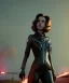 Placeholder: retro sci-fi portrait image from 1960, supermarket parking explosion, fire, classic black widow, young Scarlett Johansson, classic black tight lycra latex suit, retro 1960 superhero style, soft color, highly detailed, unreal engine 5, ray tracing, RTX, lumen lighting, ultra detail, volumetric lighting, 3d, finely drawn, high definition, high resolution.