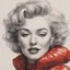 Placeholder: Sketch of the face of marilyn monroe , wearing a real red plastic puffy jacket