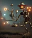 Placeholder: happy mechanoid person playing jazz with a steampunk theme, realistic