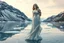 Placeholder: in a frozen sea with pretty mountains a full model lady statue with long curvy hair made and midi jeweled dress made of frozon water in artist pose standing over frozon water looking at camera, of clear glass like ice that going to melt and water drops fall from all body.