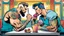 Placeholder: A comic-style illustration featuring two muscular, tattooed men sitting across from each other at a table. Their intense gazes are focused on a comic-style illustration massive ice cream glass filled with a colorful medley of fruit-flavored scoops. Holding spoons in their hands, both men exude anger and tension, vying for the opportunity to dig in. The background is a blurred cafe scene, with bright lights and a sense of cinematic drama. This humorous and high-detailed captures