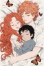 Placeholder: Generate a detailed image of a couple: a girl with red curls and a boy with semi-long black hair, lying cuddled in bed. The boy has a snake wrapped around his arm, and the girl is holding a butterfly in her hand.