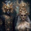 Placeholder: A handsome man and a very beautiful woman, they are wearing masks, carnival, cyber punk, filigree lace, ornate theatrical costume of the Spirit of the Theater, decorated gothic, decadent fairy-tale creatures, headdress of New Year's attributes, pearl jewelry, romanticism details, New Year's attributes, gold lace mask, relief extremely detailed style cyberpunk style hyper-realistic on stage light fog and spotlights, smoke.