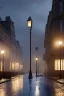 Placeholder: London street at night, many houses, wet ground, pole with round light