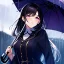 Placeholder: 8k, Girl, high quality, detailed, black hair, purple eyes, beautiful lighting, sad, raining, umbrella,