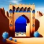 Placeholder: A gothic_arab gate in a blue wall with a view of a desert landscape