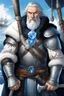 Placeholder: ,1older man, a older man with blue eyes and black hair man in silver Viking armor with fur around the neck with blue crystal on his chest holding an axe in his hands standing on a pirate ship in the artic, warrior in anime style,