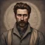 Placeholder: a portrait of german man wearing thieves attire. wavy dark auburn medium hair. lighter skin. black eye pupils. big nose. detailed. high tense background. mustach and short beard.